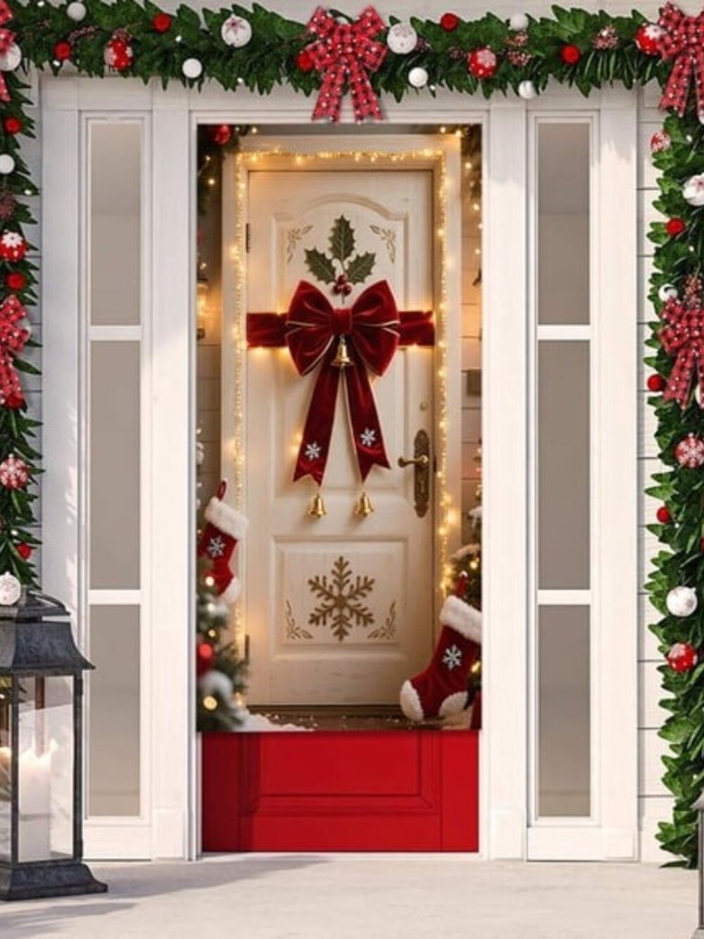 Christmas Bow Wreath Painted Front Door Cover,Hanging Decorations,Door Curtain,